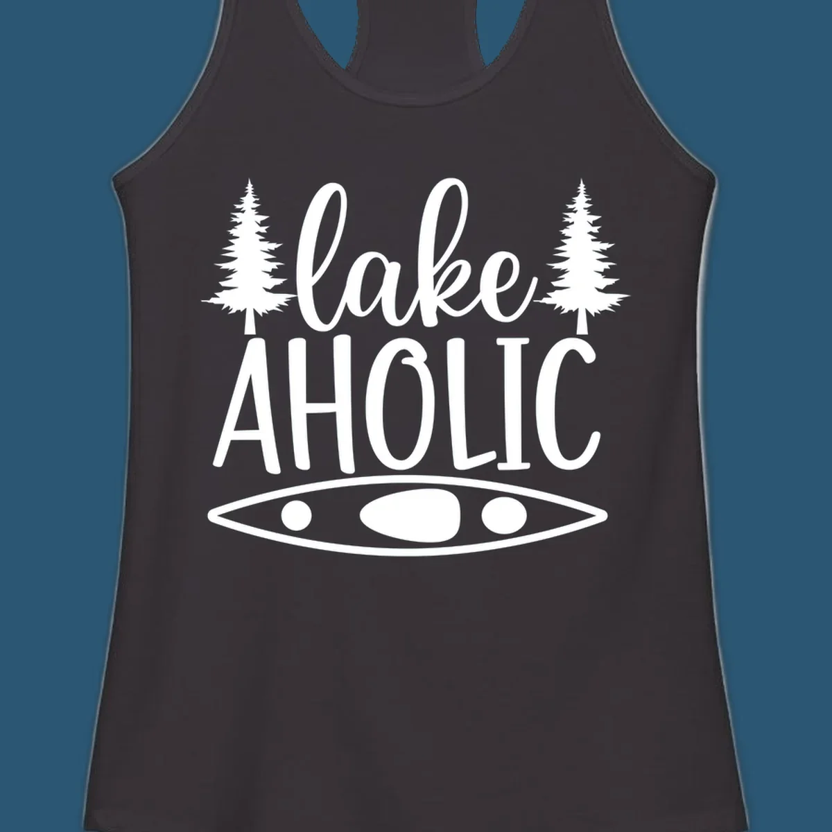Lakeaholic kayak and trees design. Text and graphic elements for lake lovers.