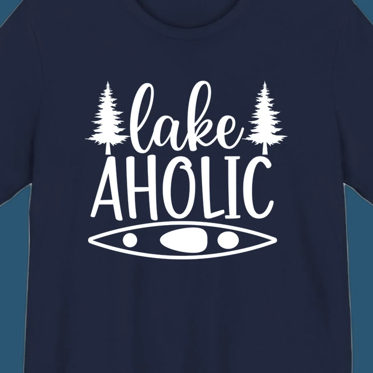 Lakeaholic kayak and trees design. Text and graphic elements for lake lovers.