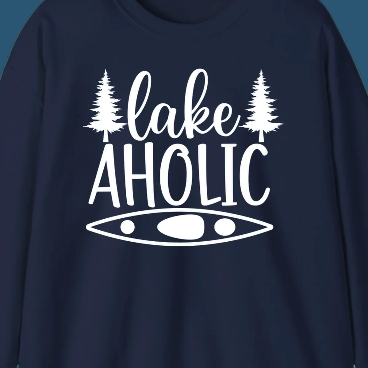 Lakeaholic kayak and trees design. Text and graphic elements for lake lovers.