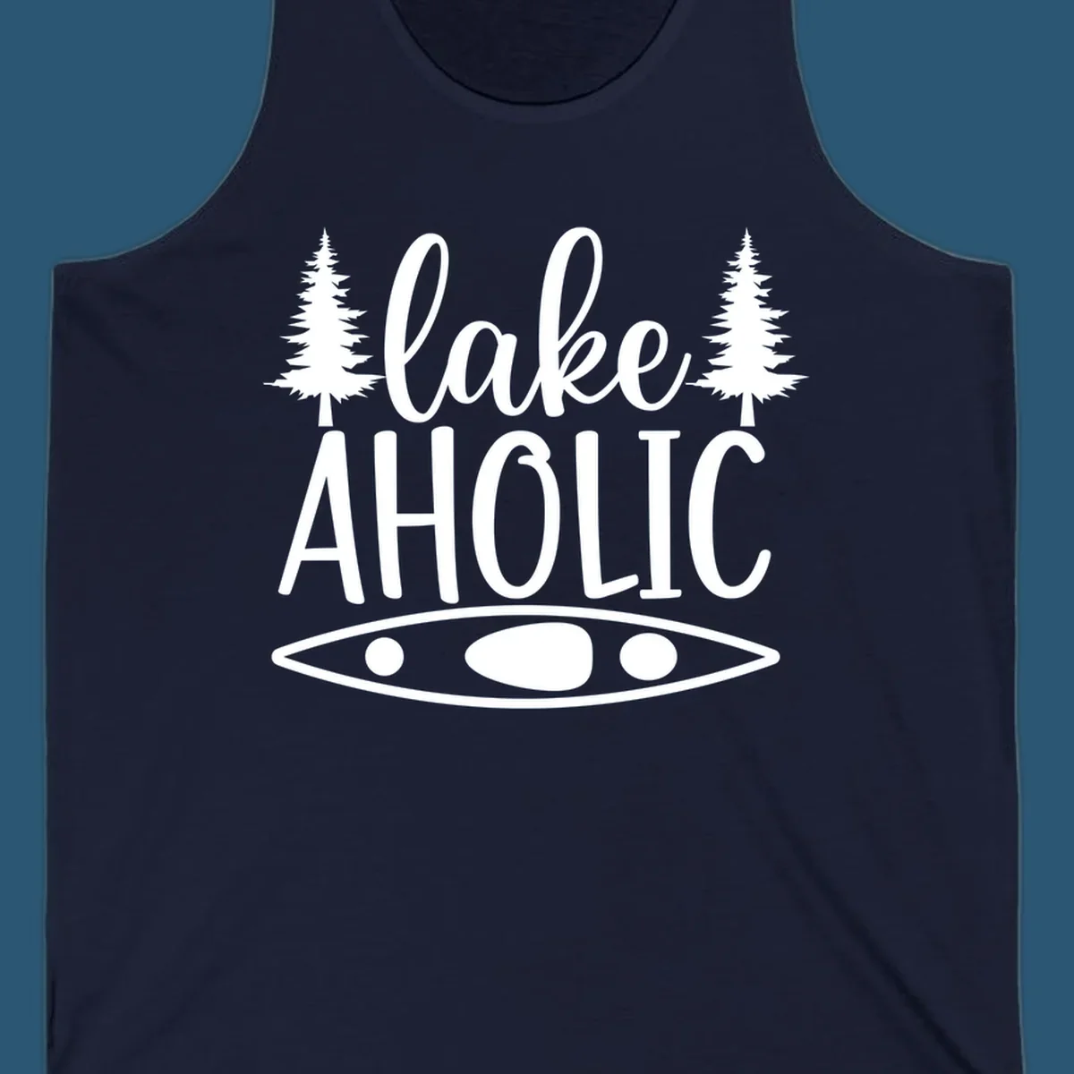 Lakeaholic kayak and trees design. Text and graphic elements for lake lovers.