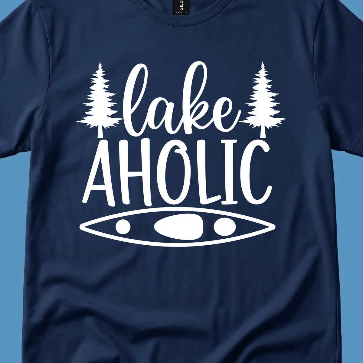 Lakeaholic kayak and trees design. Text and graphic elements for lake lovers.