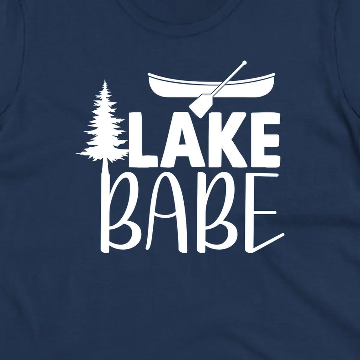 Lake Babe design with canoe, pine tree, and text. Lake-babe-style graphic.