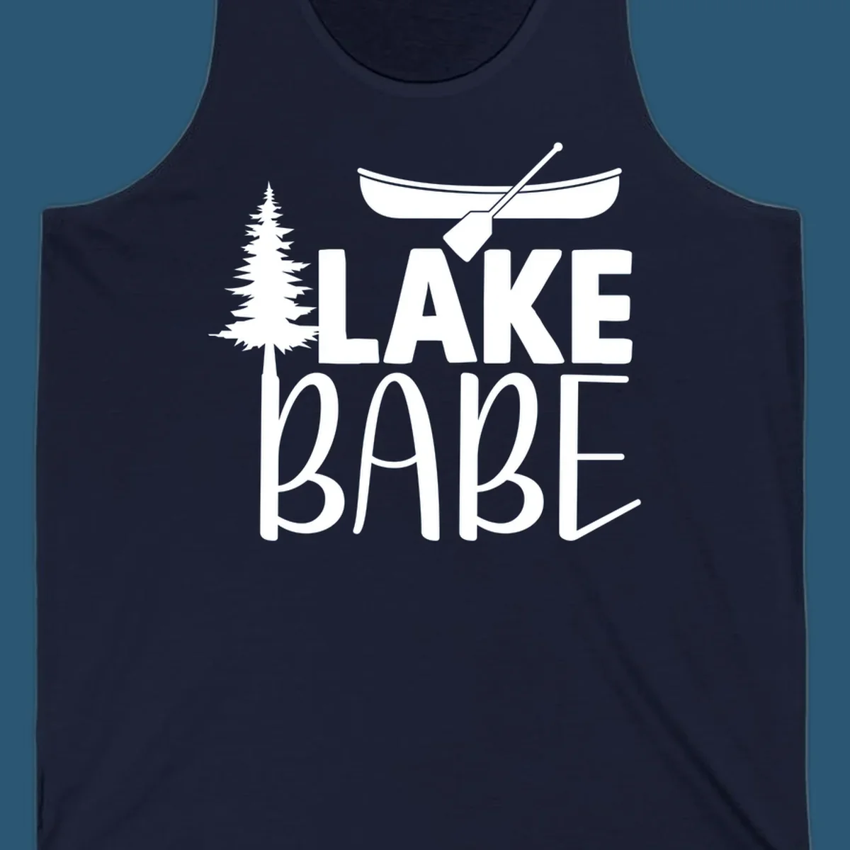 Lake Babe design with canoe, pine tree, and text. Lake-babe-style graphic.