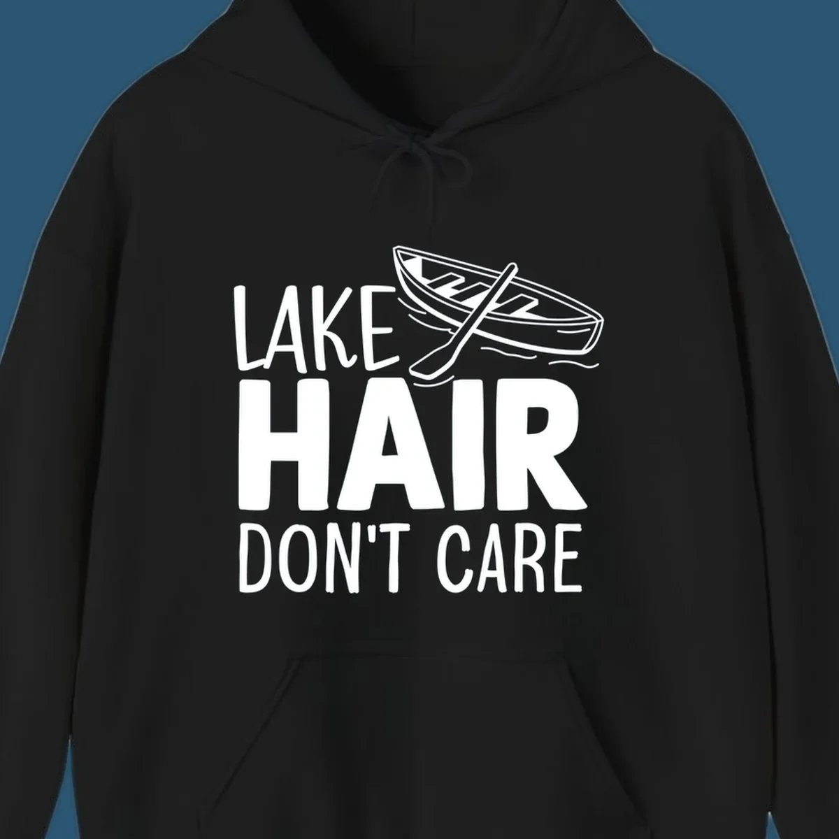 Lake Hair Don't Care graphic with rowboat and oars.