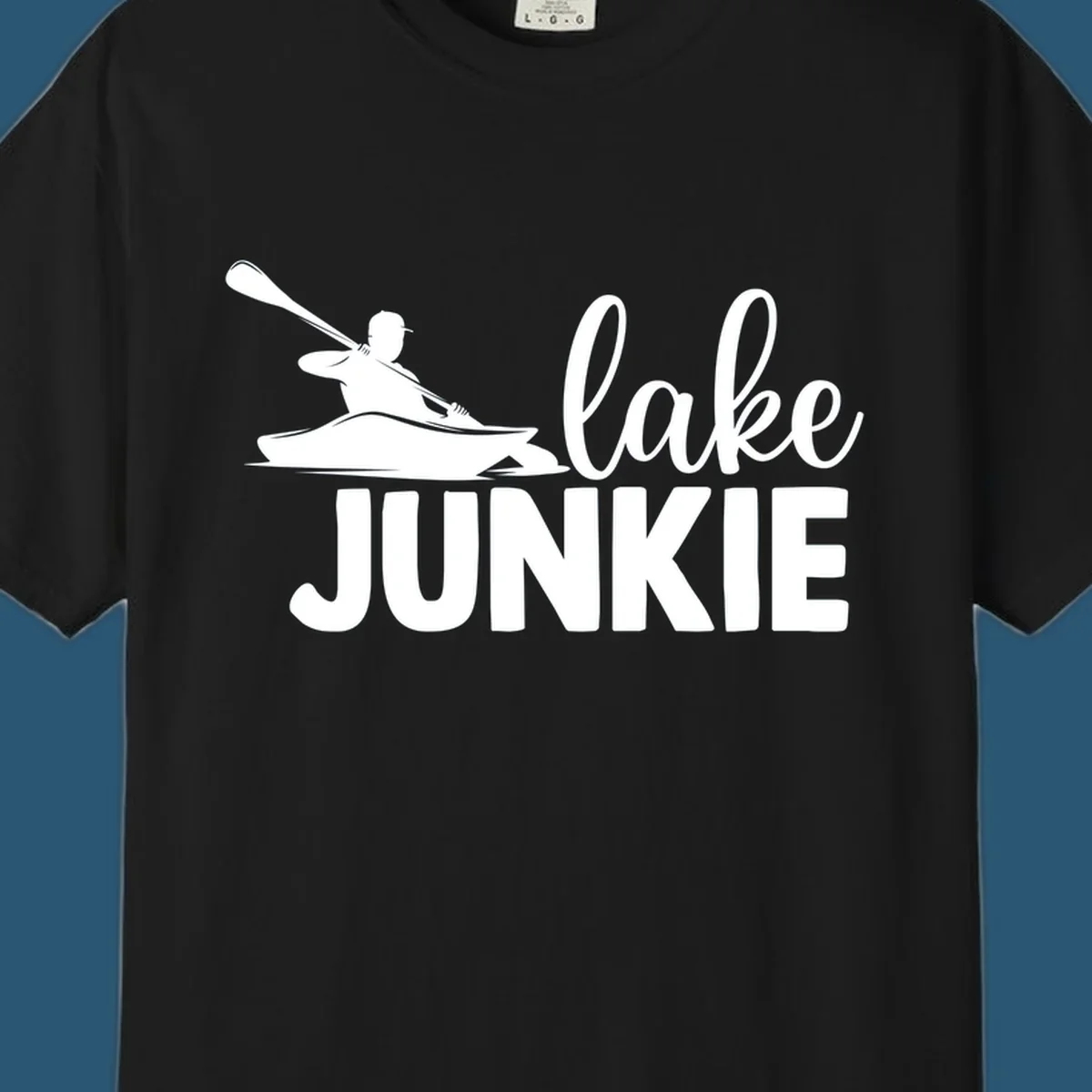 Lake junkie kayak silhouette design with script and block text. lake-junkie-kayak.