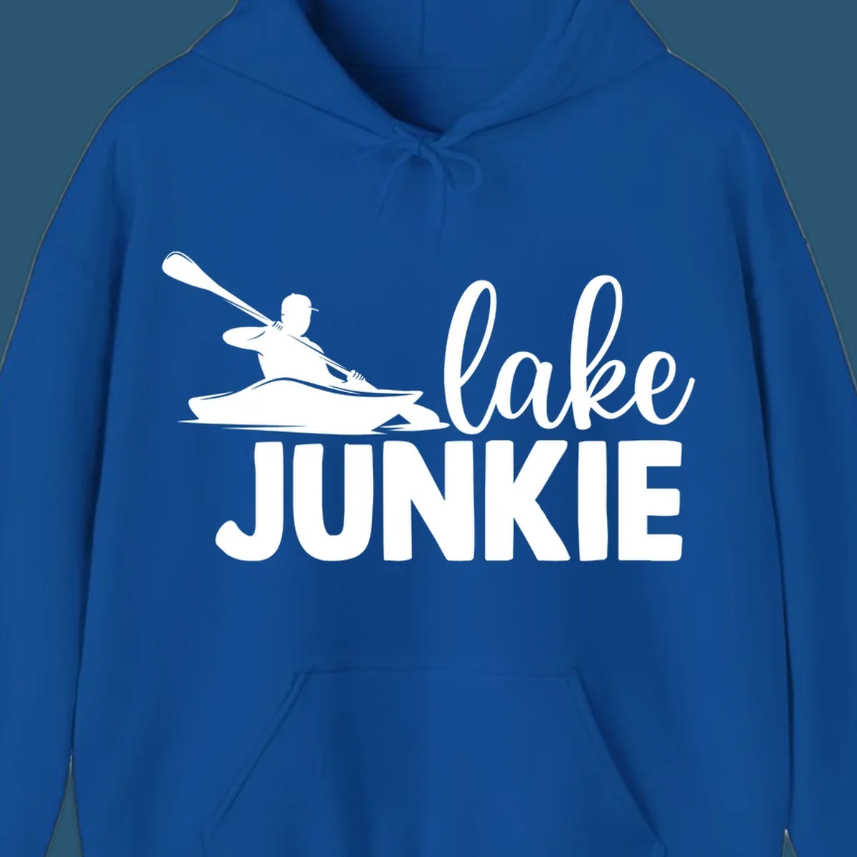 Lake junkie kayak silhouette design with script and block text. lake-junkie-kayak.