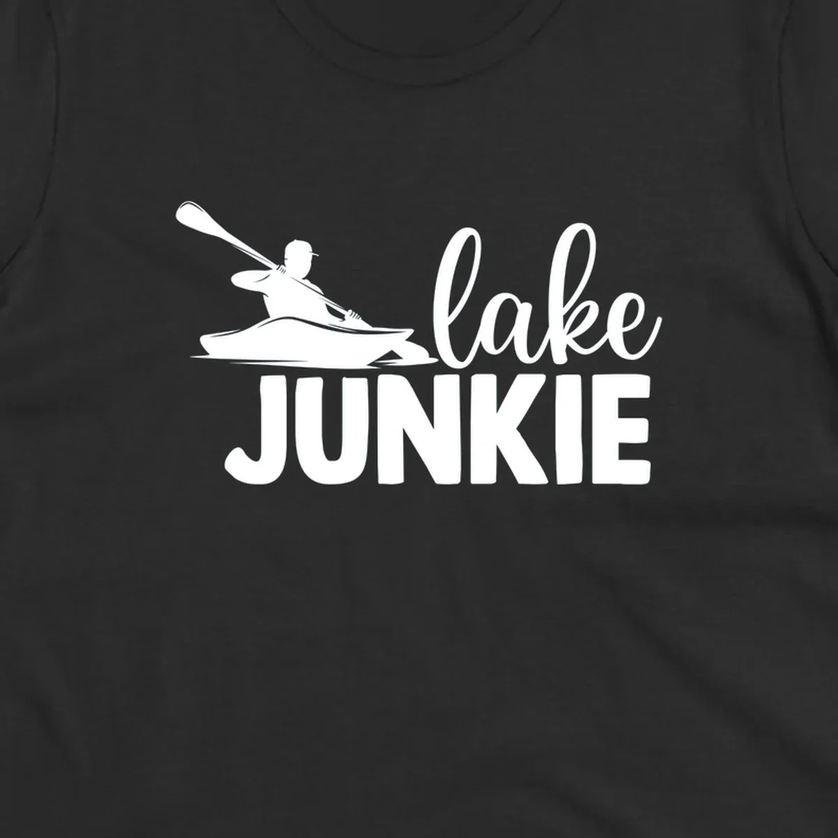 Lake junkie kayak silhouette design with script and block text. lake-junkie-kayak.