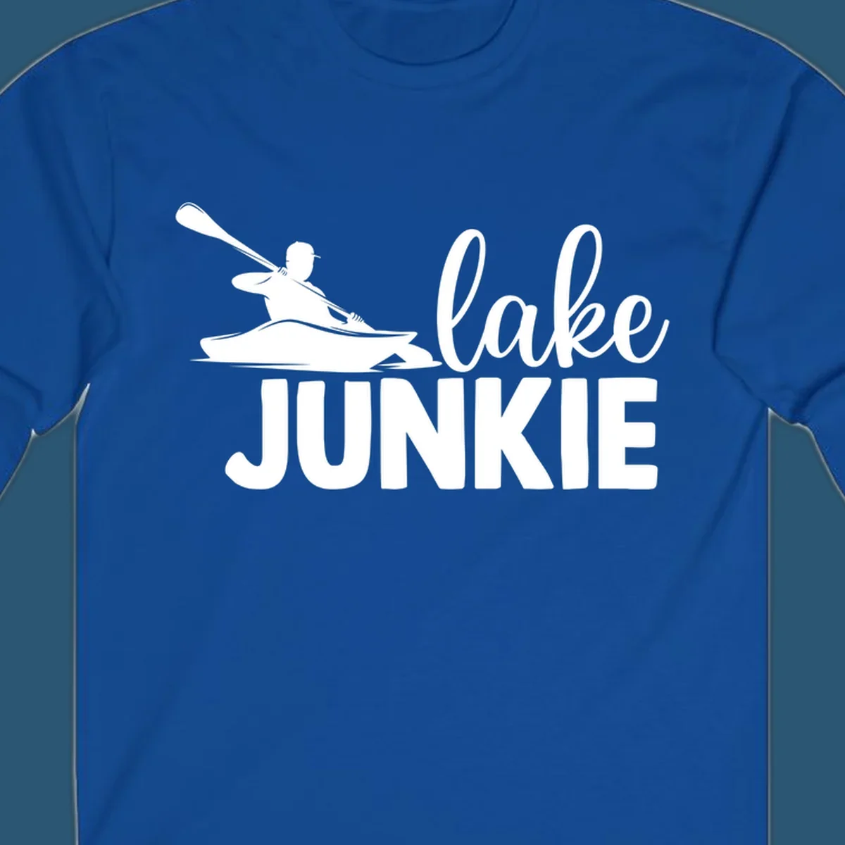 Lake junkie kayak silhouette design with script and block text. lake-junkie-kayak.