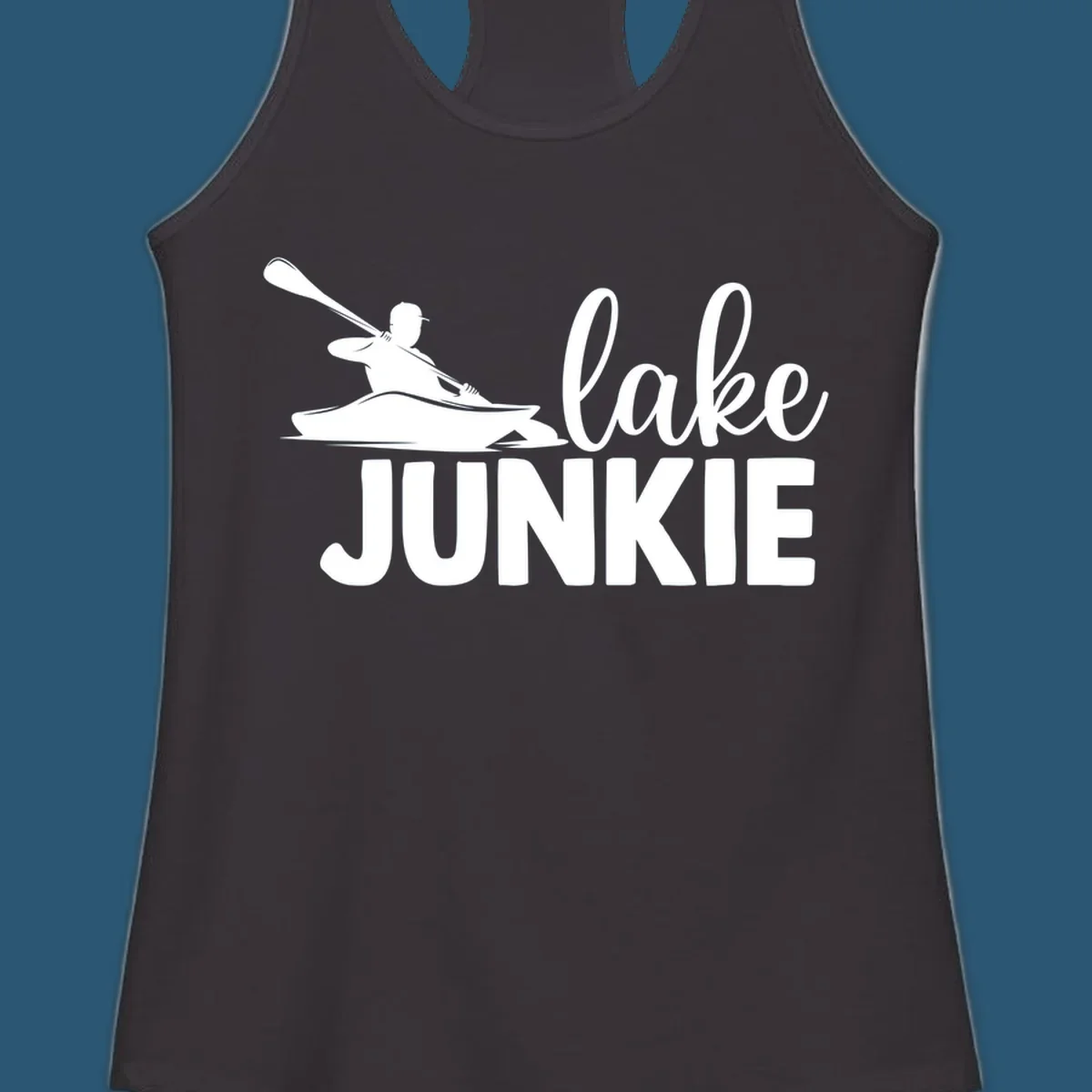 Lake junkie kayak silhouette design with script and block text. lake-junkie-kayak.