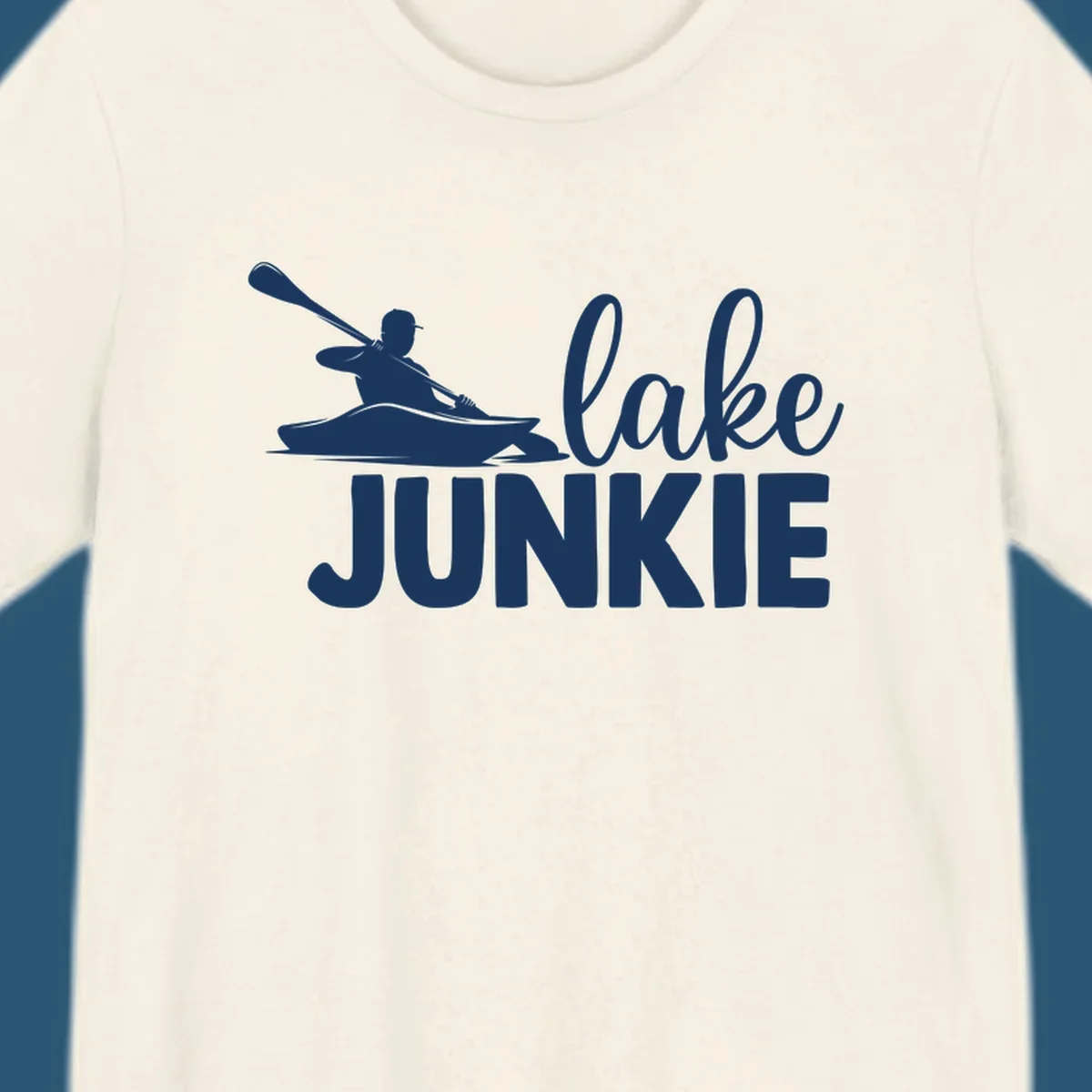 Lake junkie kayak silhouette design with script and block text. lake-junkie-kayak.