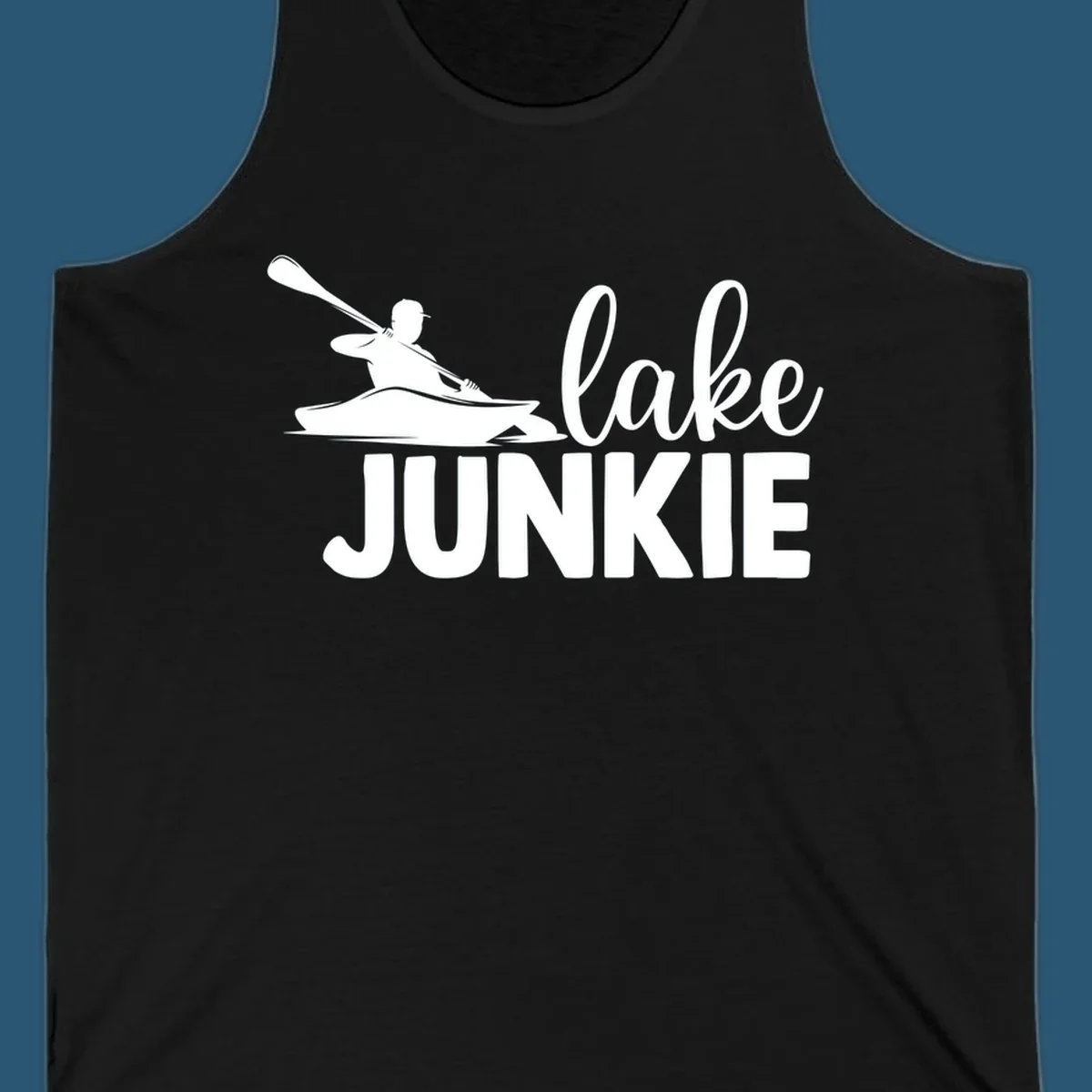 Lake junkie kayak silhouette design with script and block text. lake-junkie-kayak.