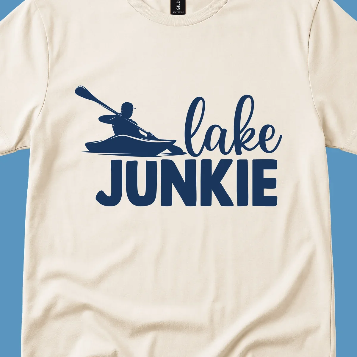 Lake junkie kayak silhouette design with script and block text. lake-junkie-kayak.