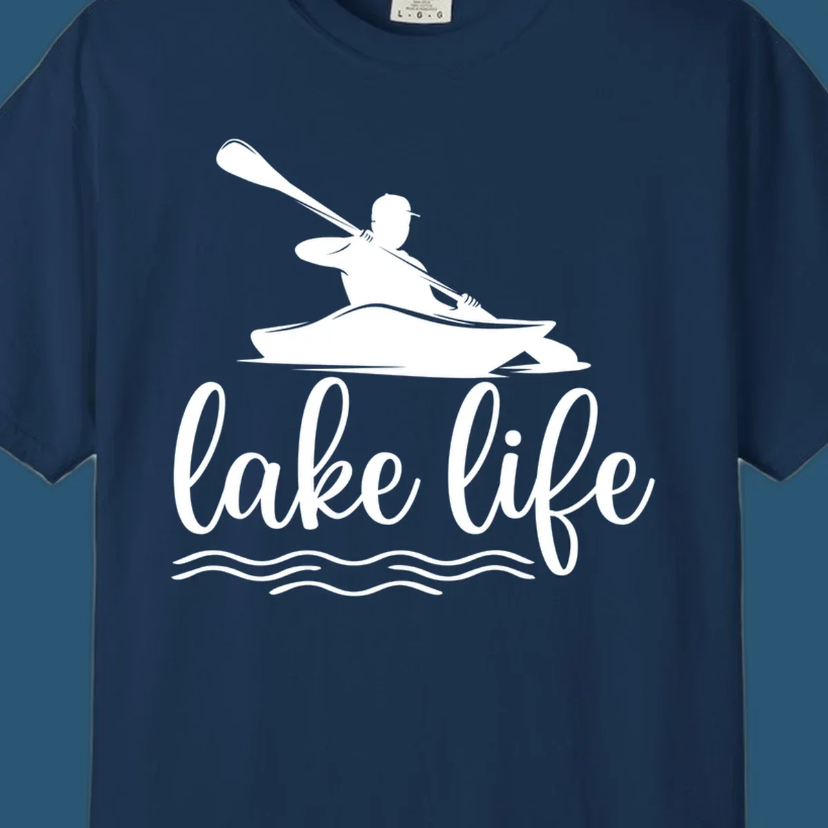 Silhouette of a person kayaking with paddle and 'lake life' text, representing lake-life-kayaking.