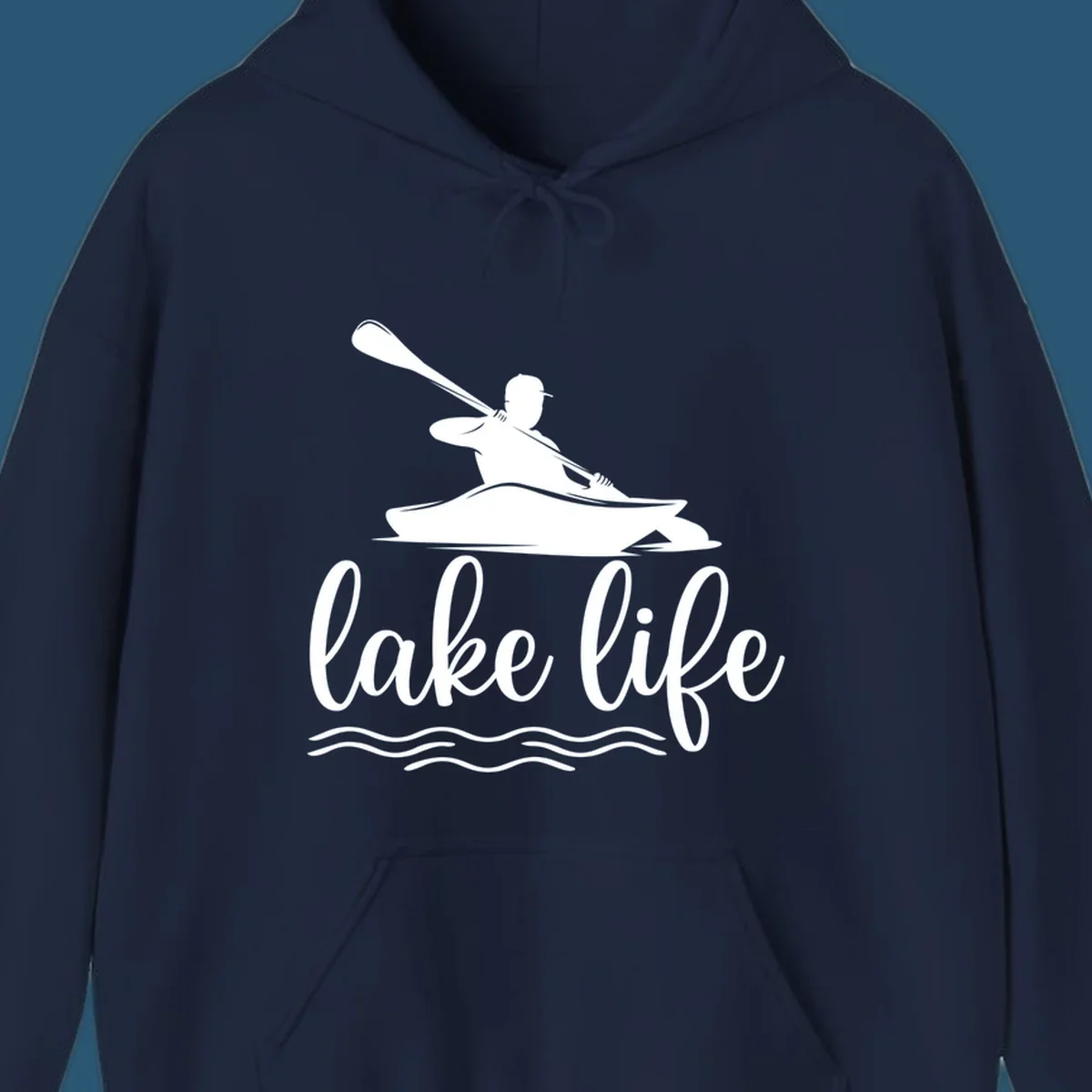 Silhouette of a person kayaking with paddle and 'lake life' text, representing lake-life-kayaking.