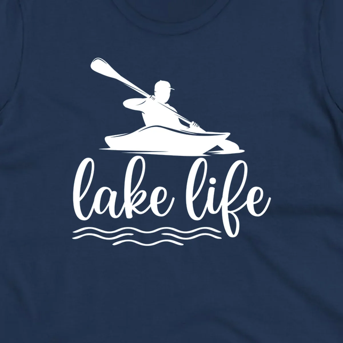 Silhouette of a person kayaking with paddle and 'lake life' text, representing lake-life-kayaking.
