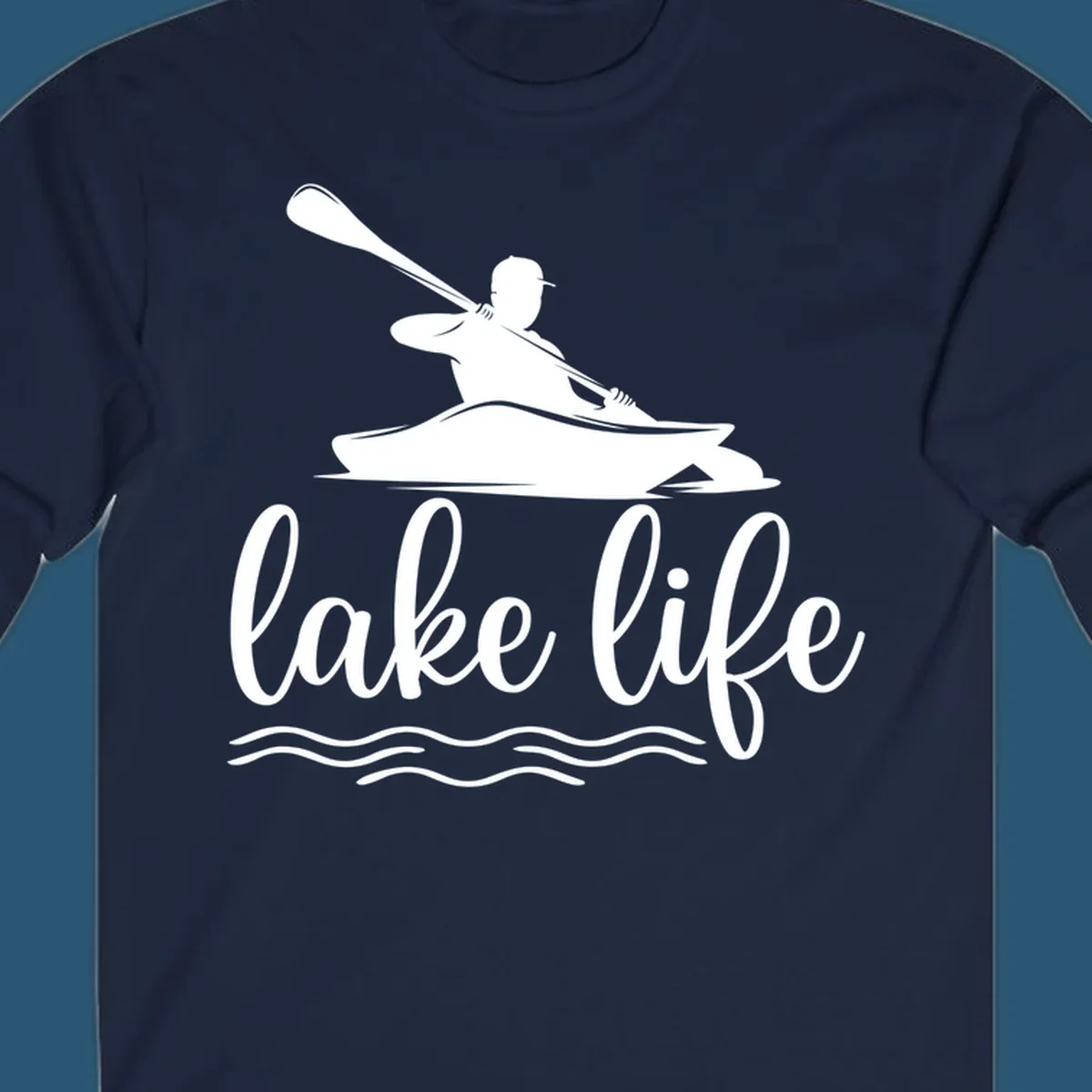 Silhouette of a person kayaking with paddle and 'lake life' text, representing lake-life-kayaking.