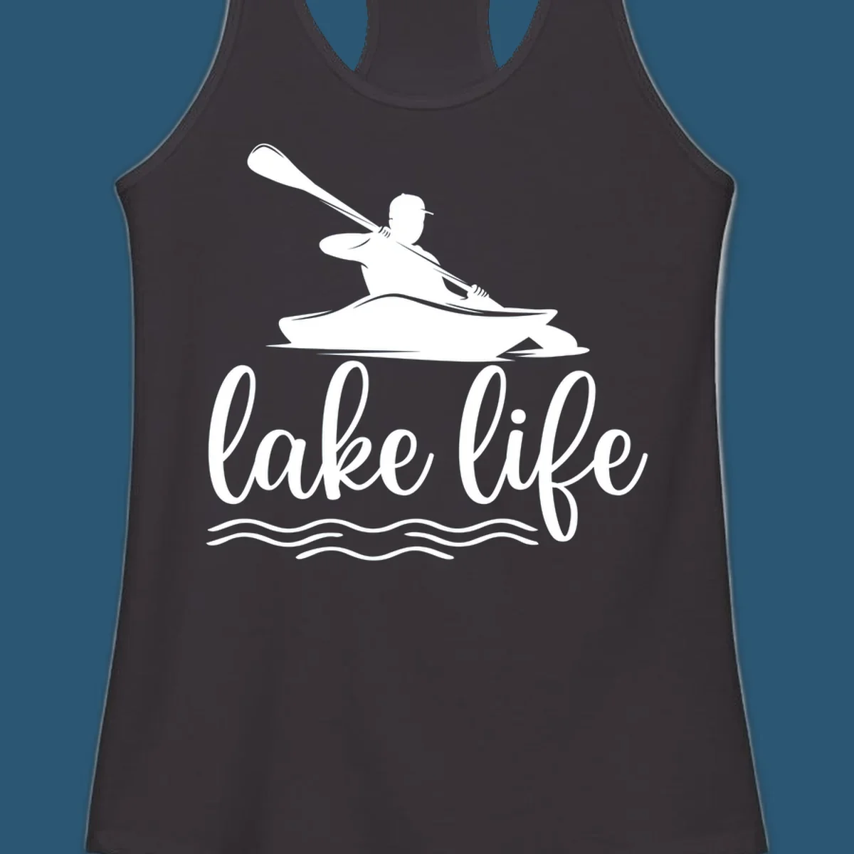 Silhouette of a person kayaking with paddle and 'lake life' text, representing lake-life-kayaking.