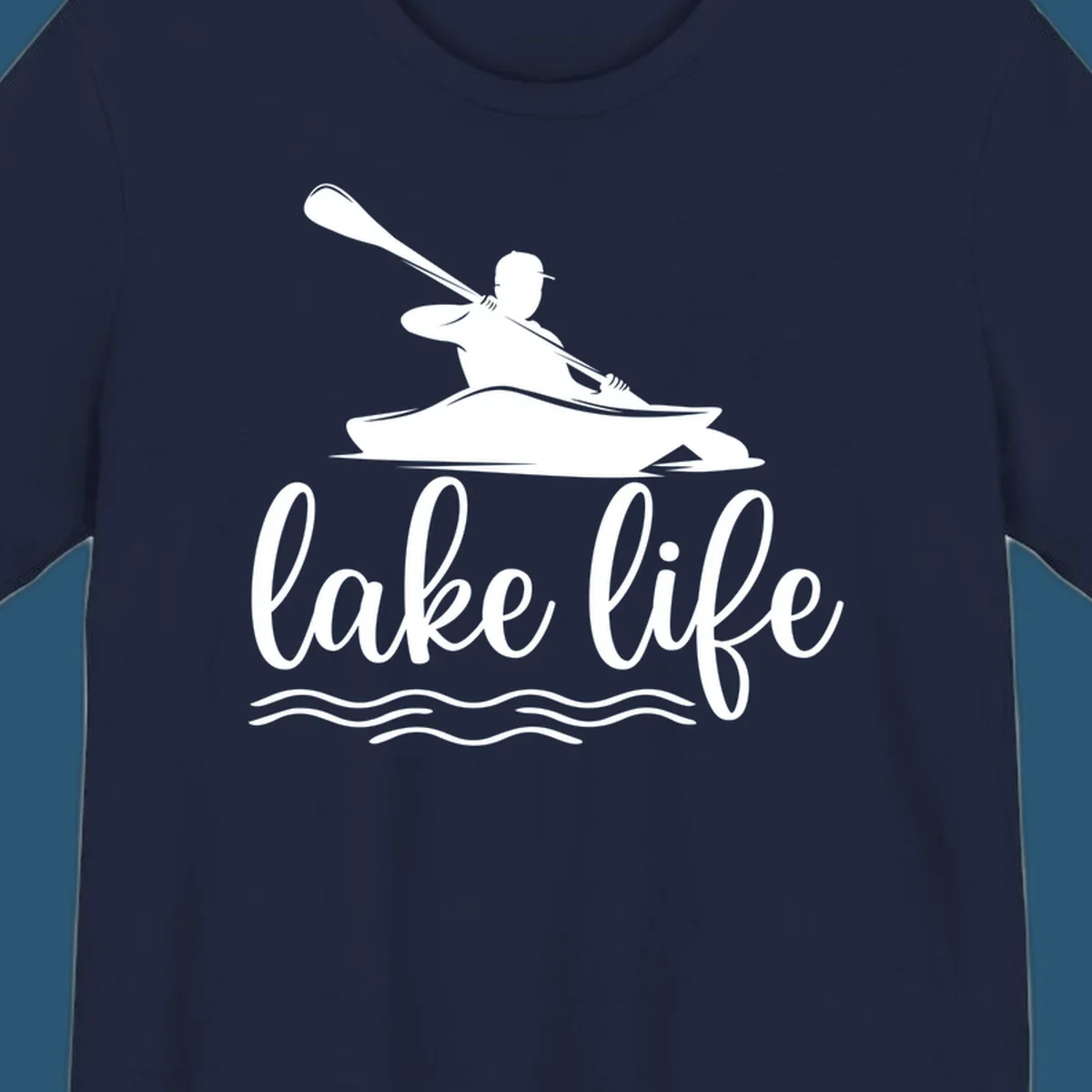 Silhouette of a person kayaking with paddle and 'lake life' text, representing lake-life-kayaking.