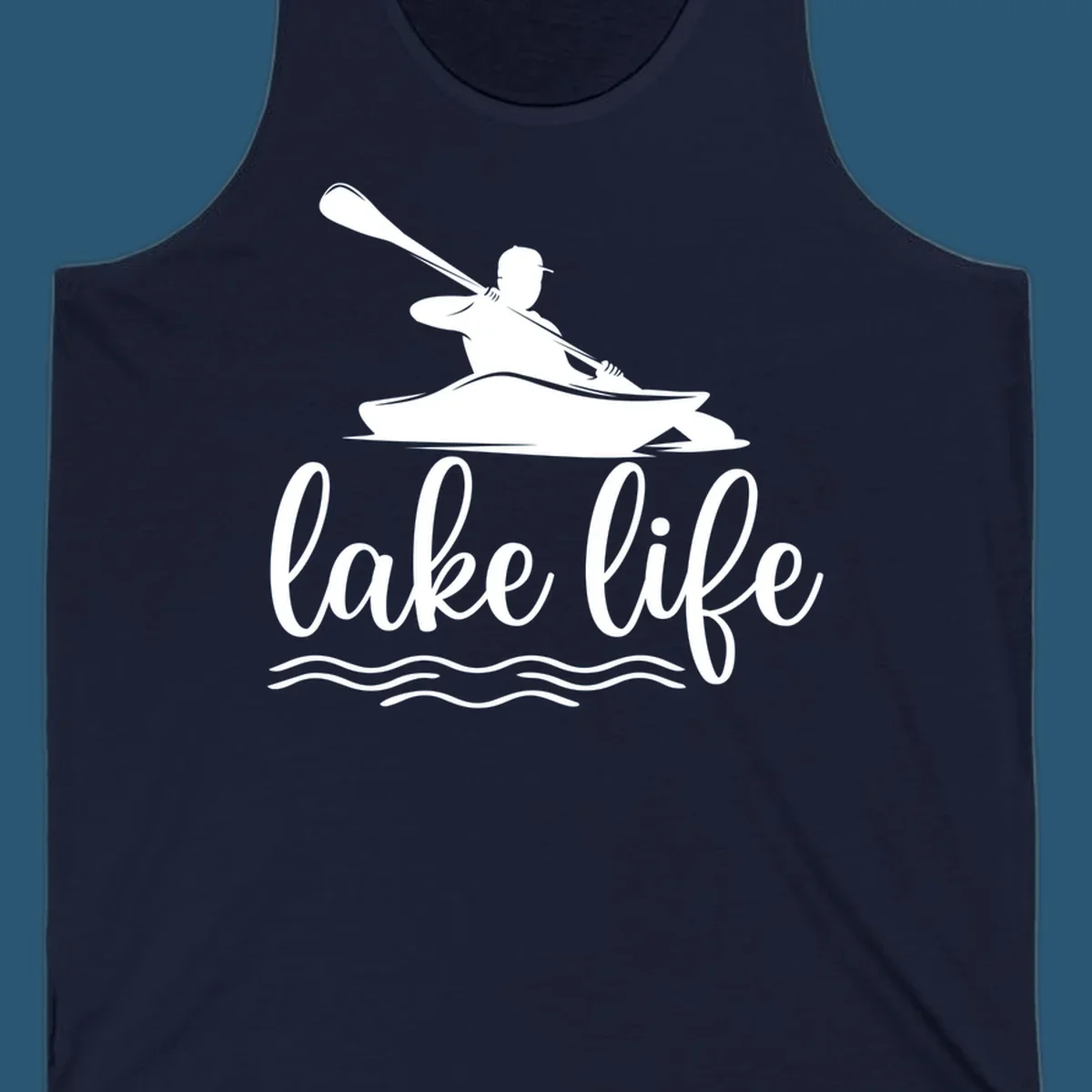 Silhouette of a person kayaking with paddle and 'lake life' text, representing lake-life-kayaking.