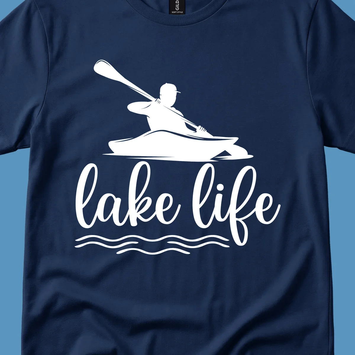 Silhouette of a person kayaking with paddle and 'lake life' text, representing lake-life-kayaking.