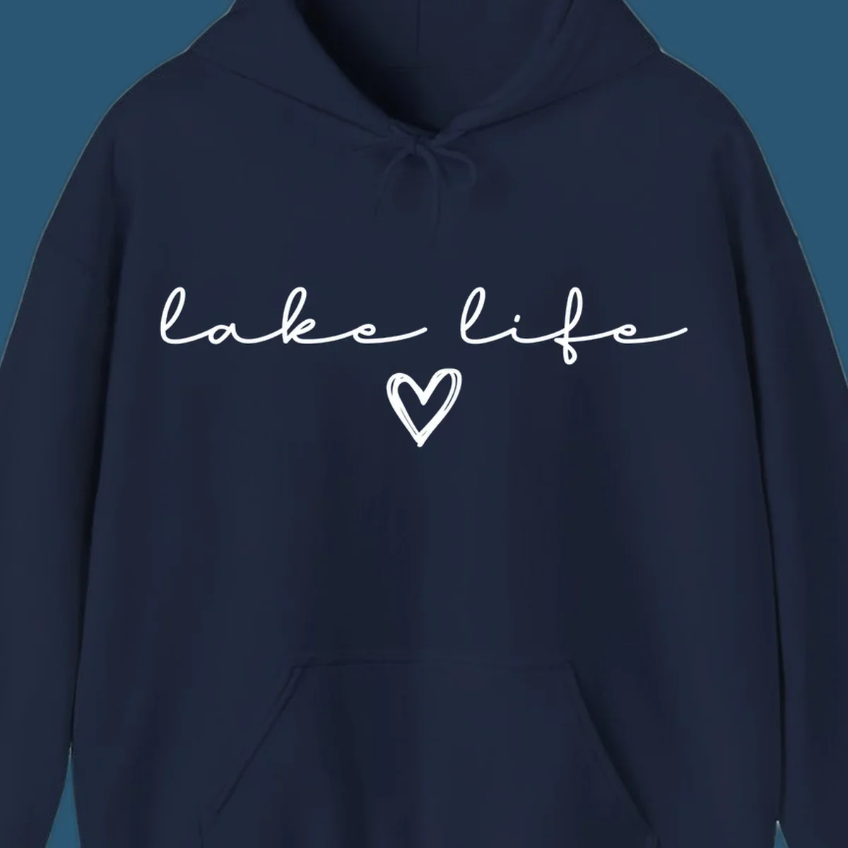 Lake life text with a heart graphic, in white and navy.