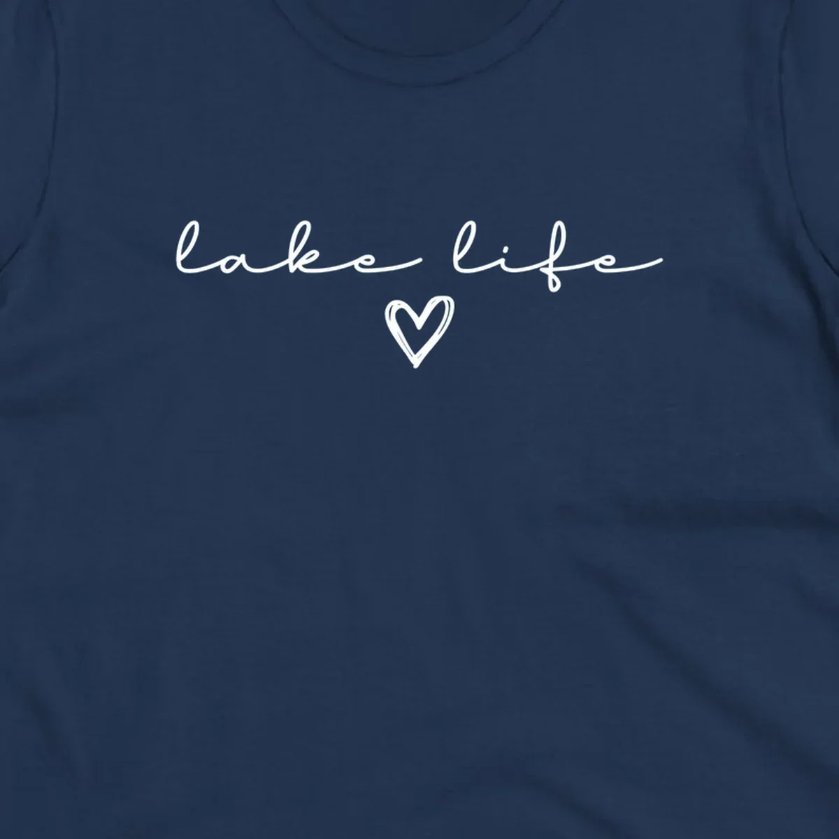 Lake life text with a heart graphic, in white and navy.