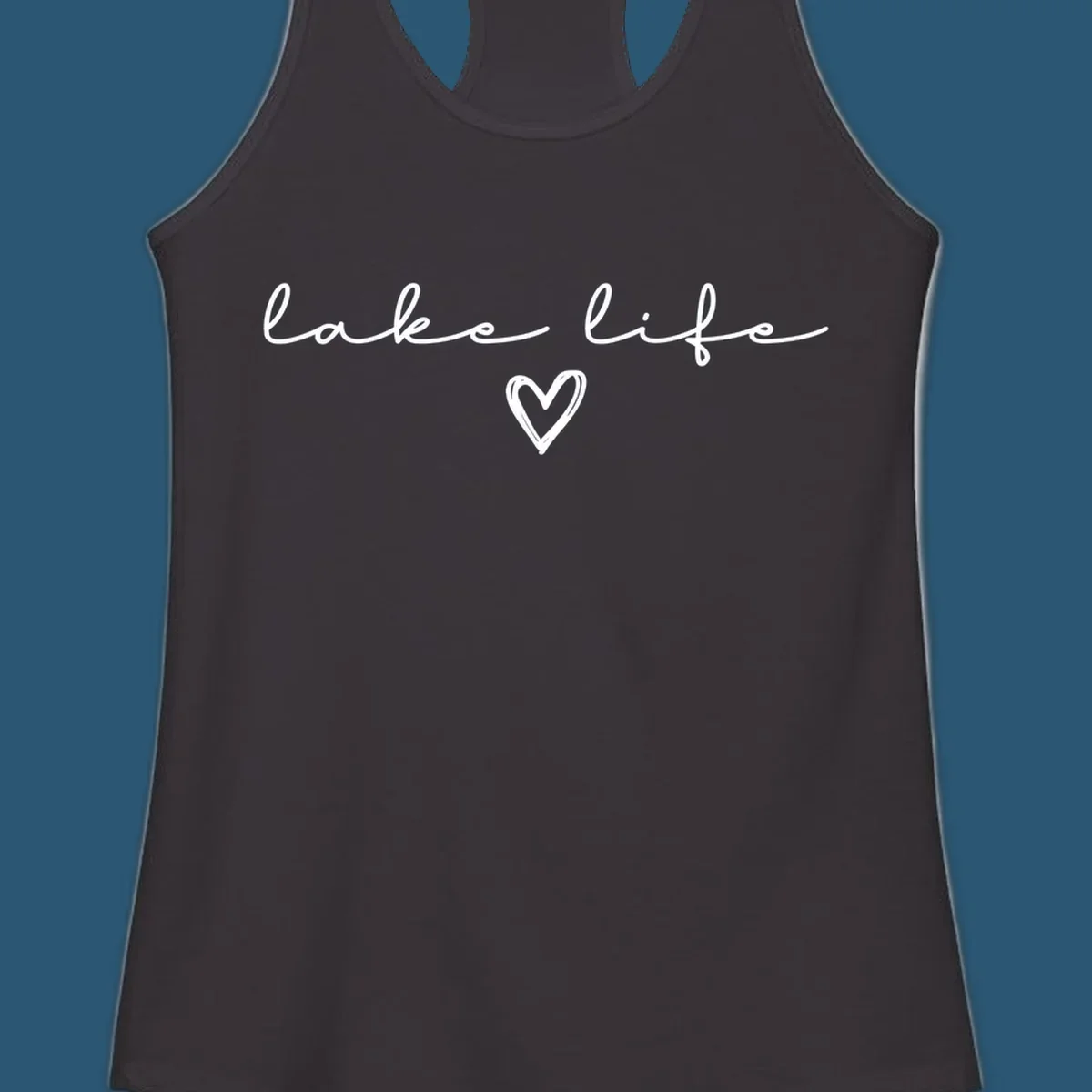 Lake life text with a heart graphic, in white and navy.
