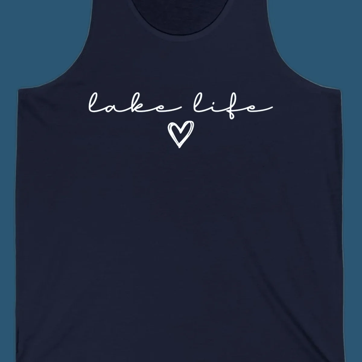 Lake life text with a heart graphic, in white and navy.