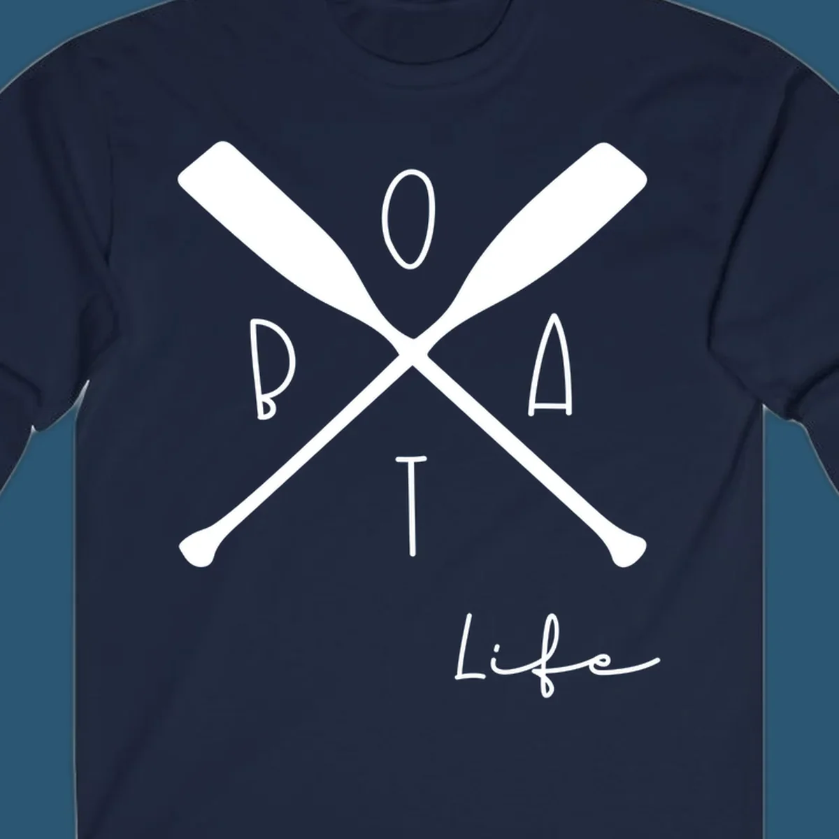 Boat life design with crossed oars and text, featuring the words BOAT and Life.