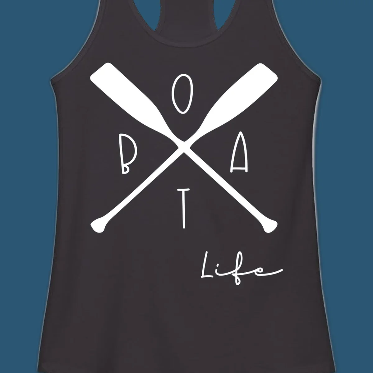 Boat life design with crossed oars and text, featuring the words BOAT and Life.
