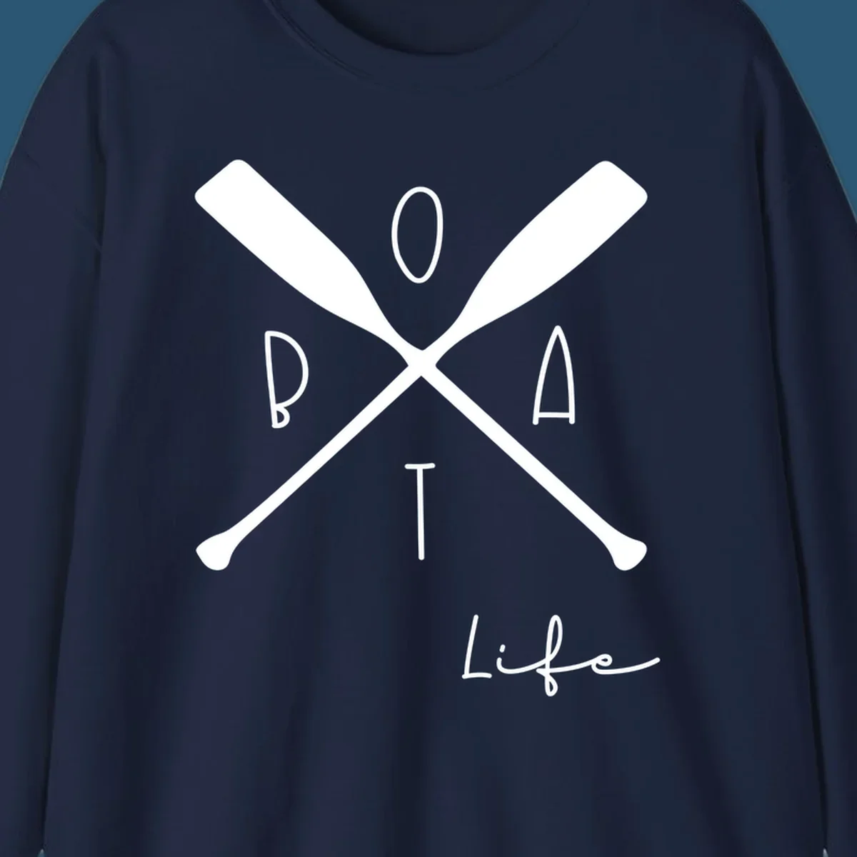 Boat life design with crossed oars and text, featuring the words BOAT and Life.