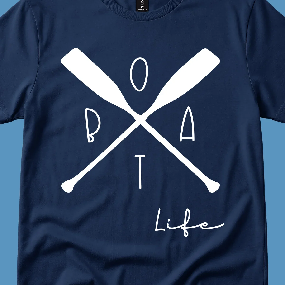 Boat life design with crossed oars and text, featuring the words BOAT and Life.