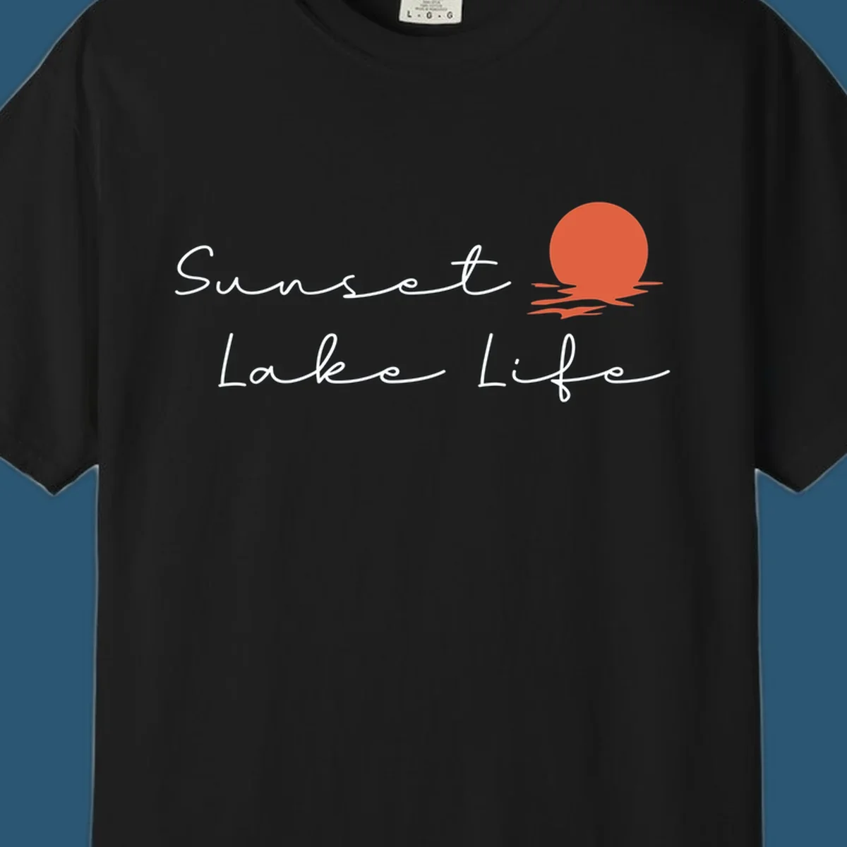 Sunset Lake Life script design with a setting sun over water. Sunset-lake-life.
