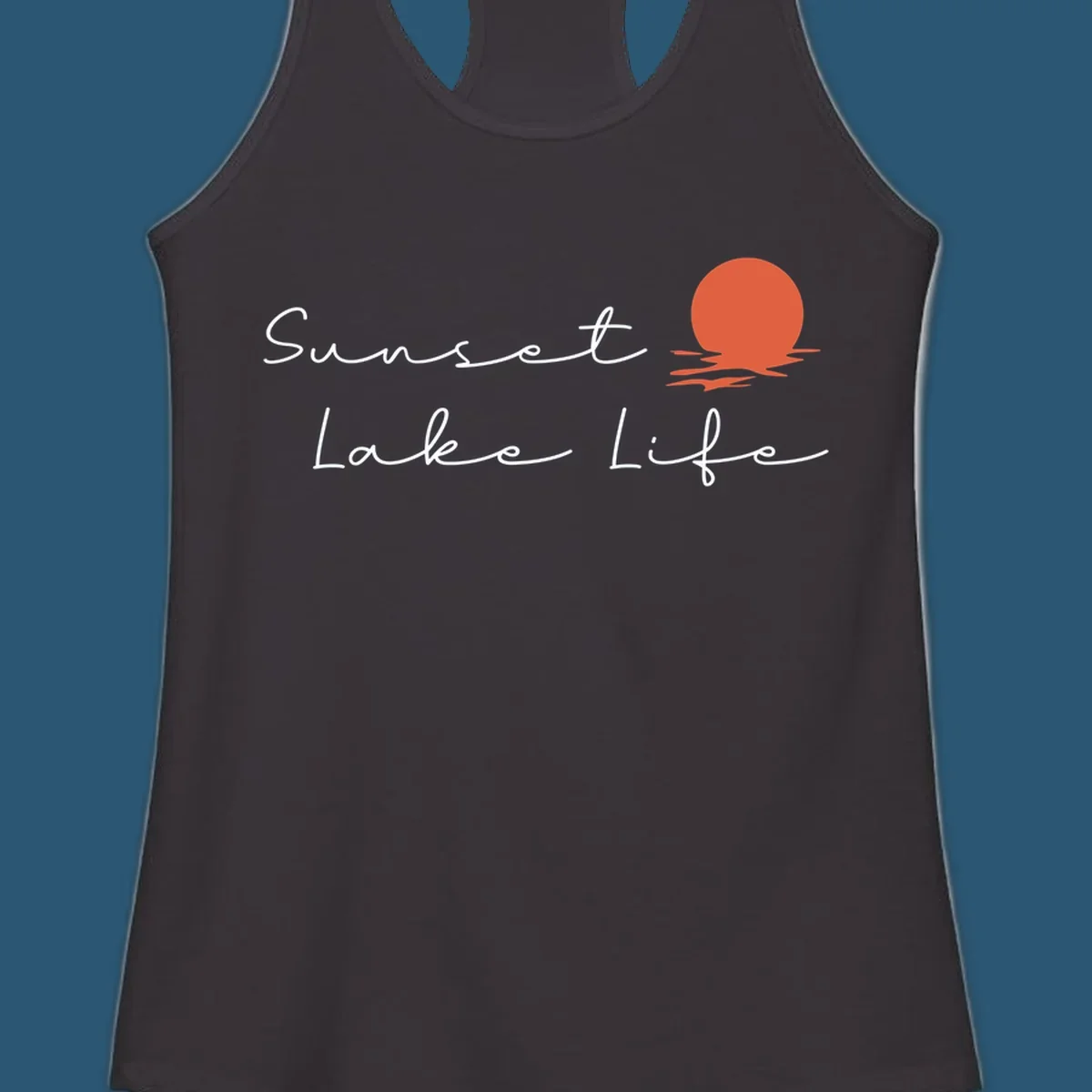 Sunset Lake Life script design with a setting sun over water. Sunset-lake-life.