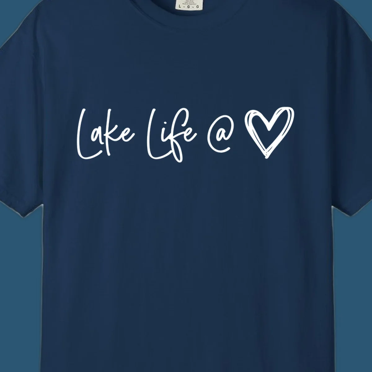 Lake life heart graphic in navy and white.