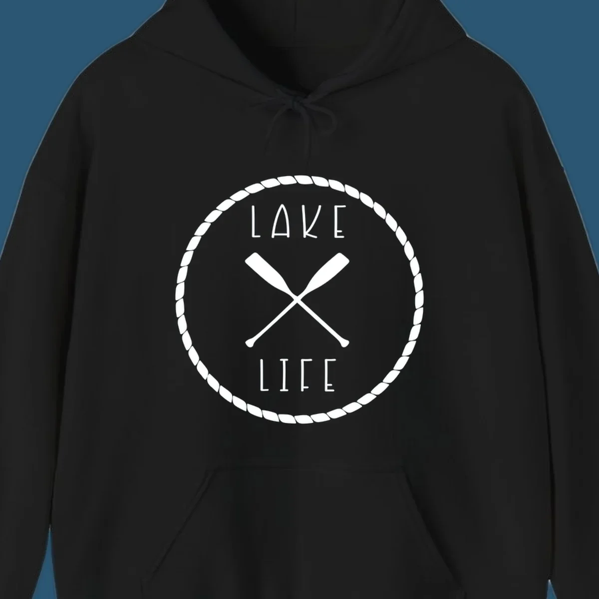 Lake life badge with crossed oars, rope border, and text 'LAKE LIFE'.