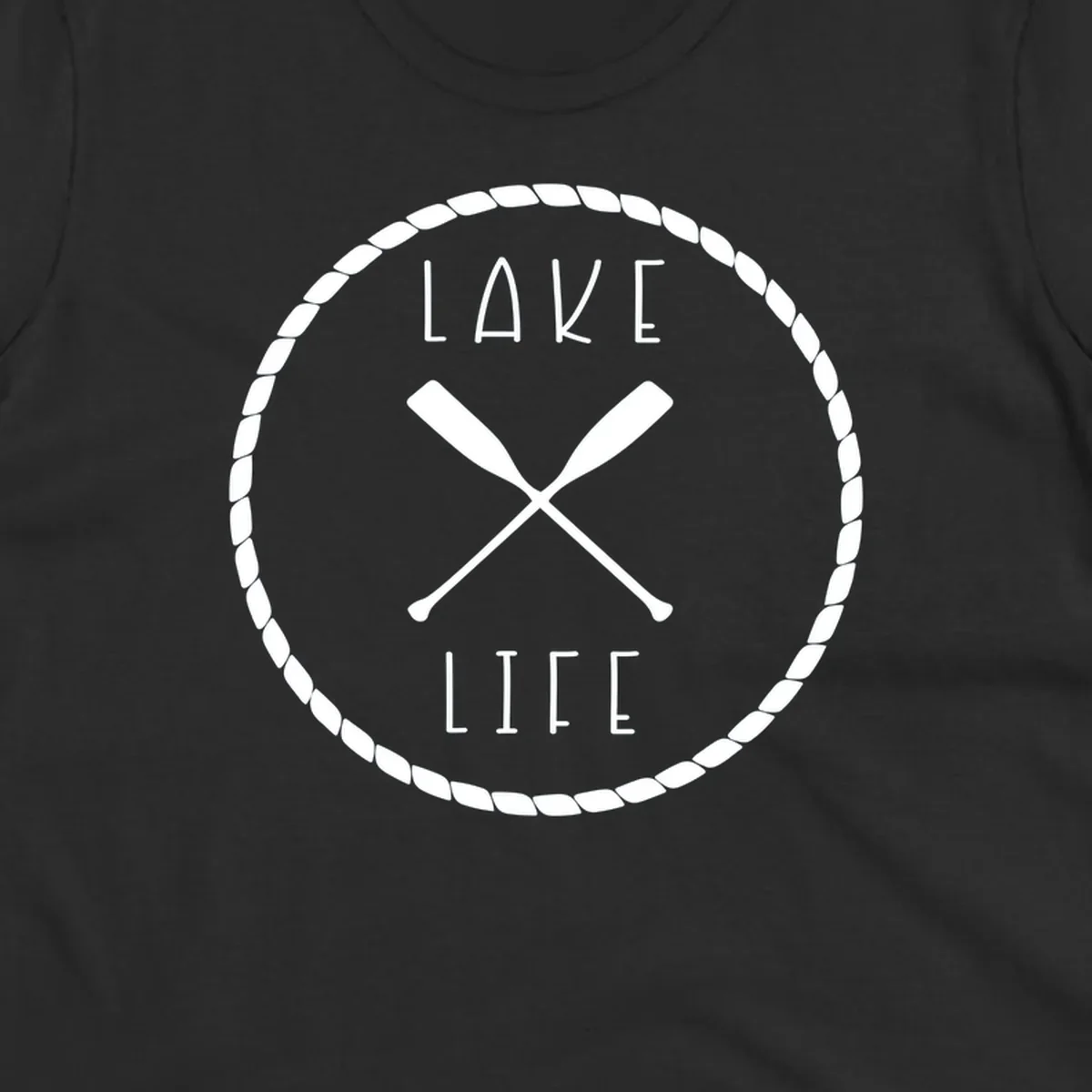 Lake life badge with crossed oars, rope border, and text 'LAKE LIFE'.