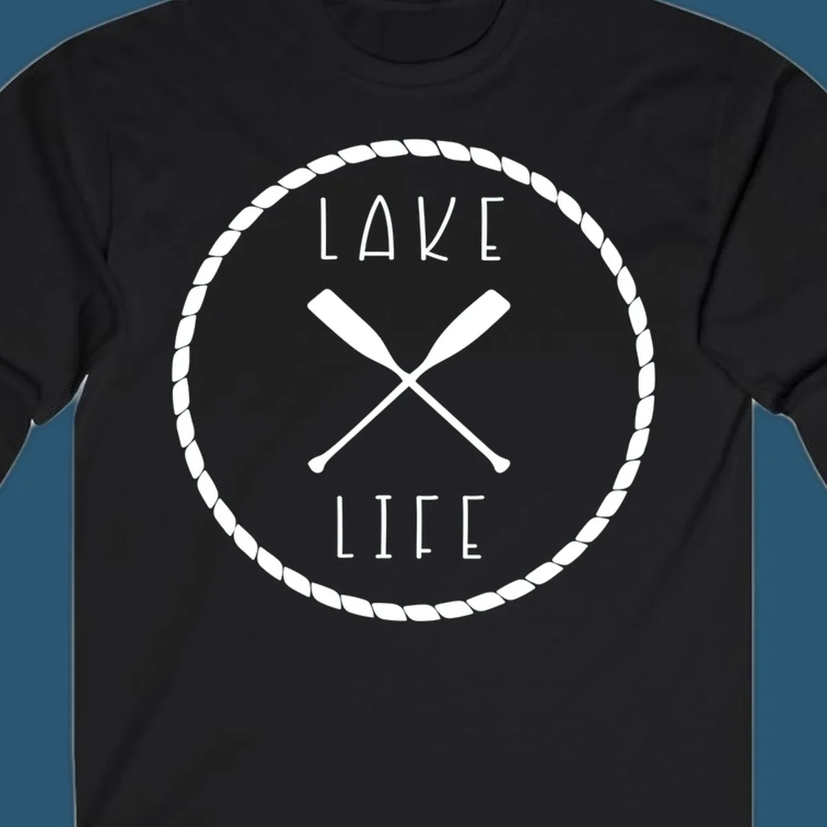 Lake life badge with crossed oars, rope border, and text 'LAKE LIFE'.