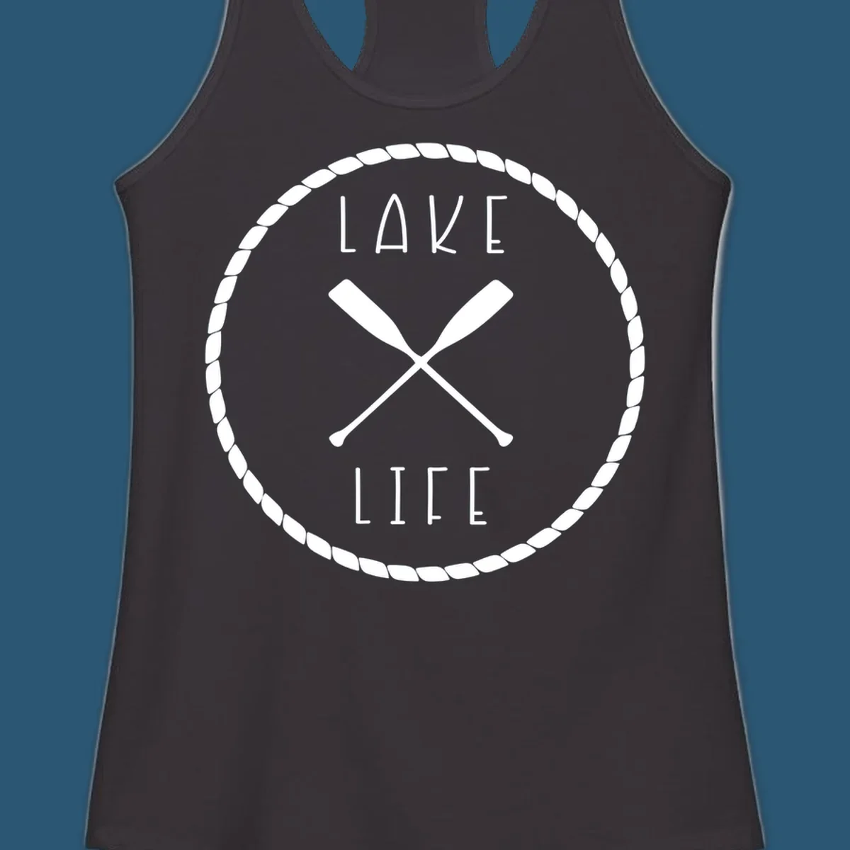 Lake life badge with crossed oars, rope border, and text 'LAKE LIFE'.