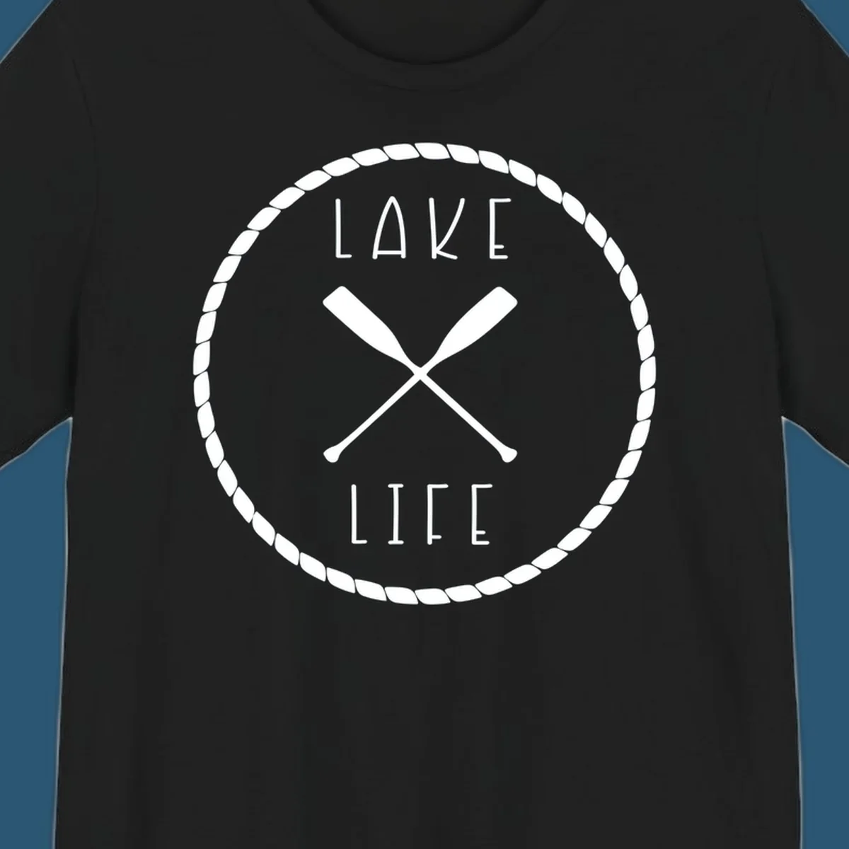 Lake life badge with crossed oars, rope border, and text 'LAKE LIFE'.
