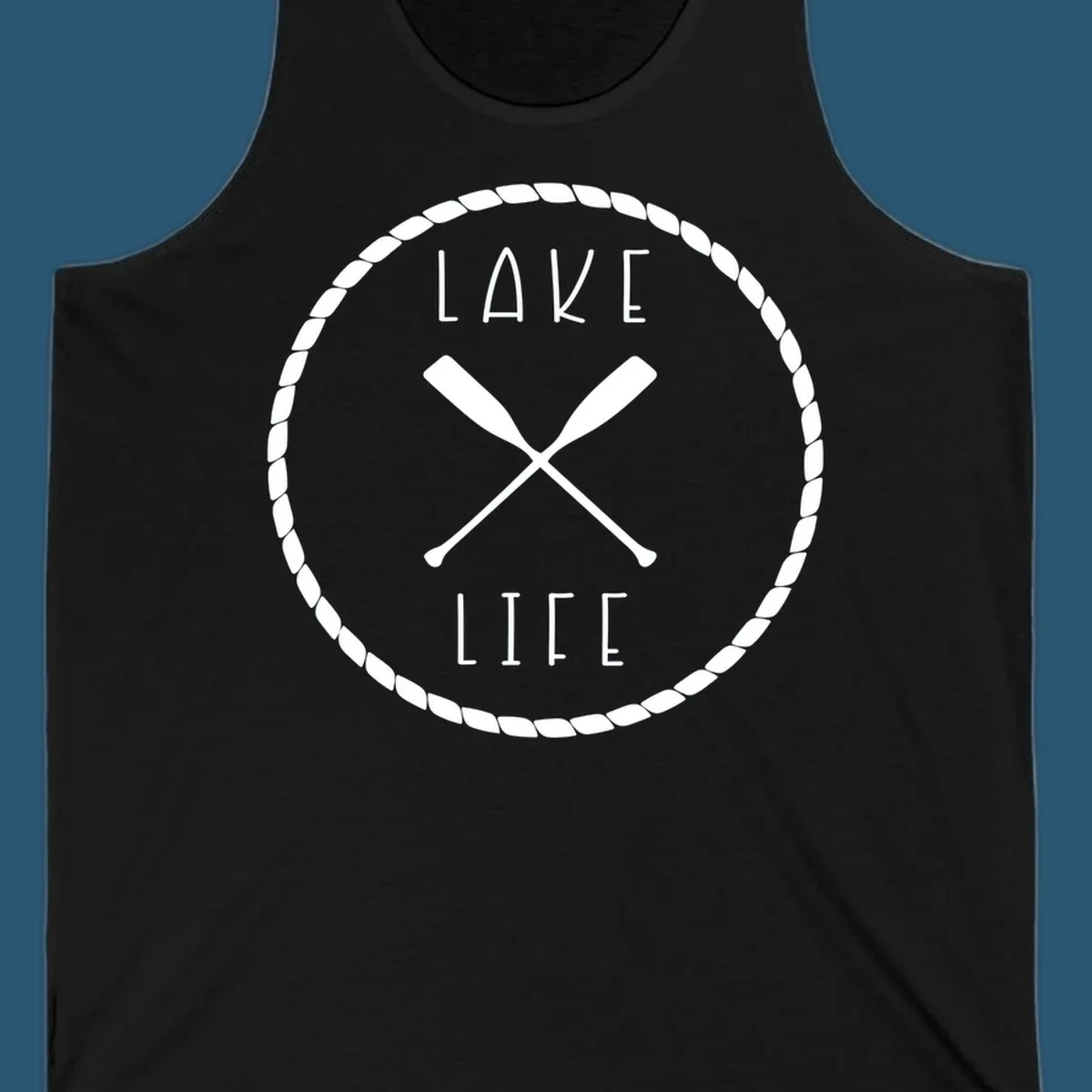 Lake life badge with crossed oars, rope border, and text 'LAKE LIFE'.