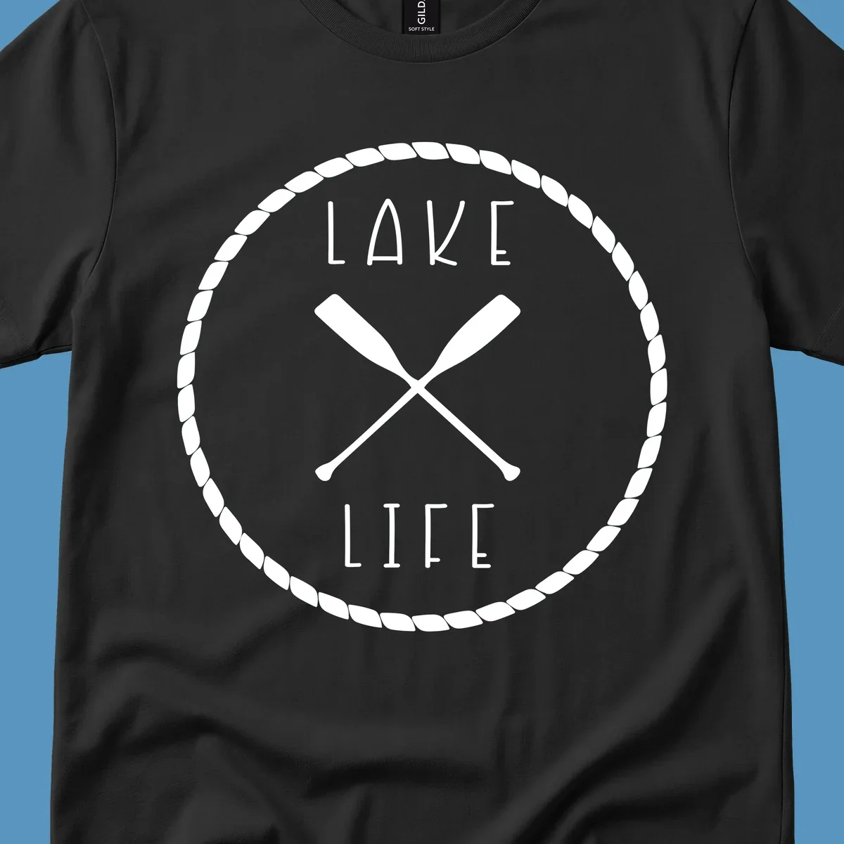 Lake life badge with crossed oars, rope border, and text 'LAKE LIFE'.