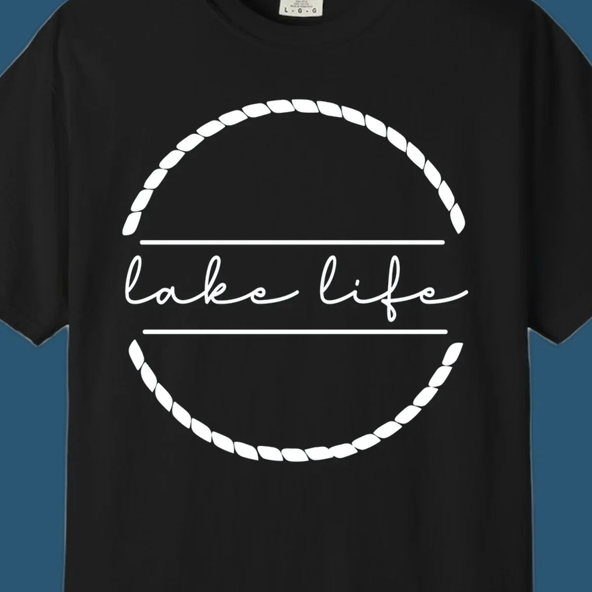 Lake life script text within a rope circle border. lake-life-script.
