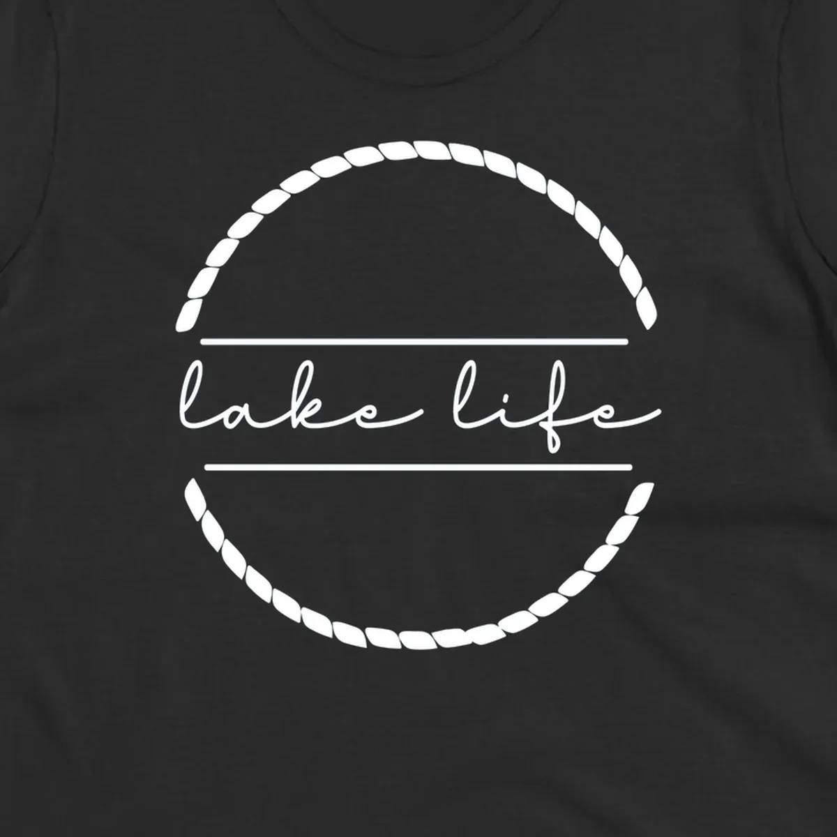 Lake life script text within a rope circle border. lake-life-script.