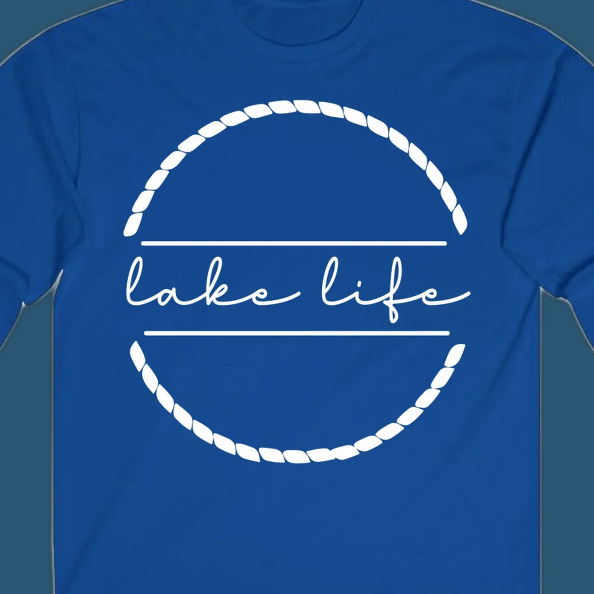 Lake life script text within a rope circle border. lake-life-script.