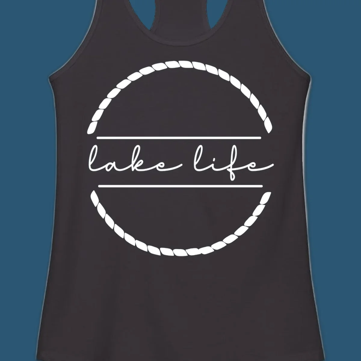Lake life script text within a rope circle border. lake-life-script.