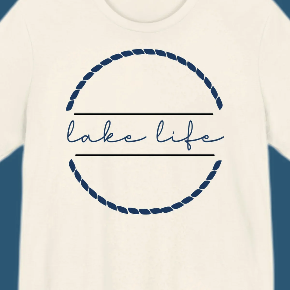 Lake life script text within a rope circle border. lake-life-script.