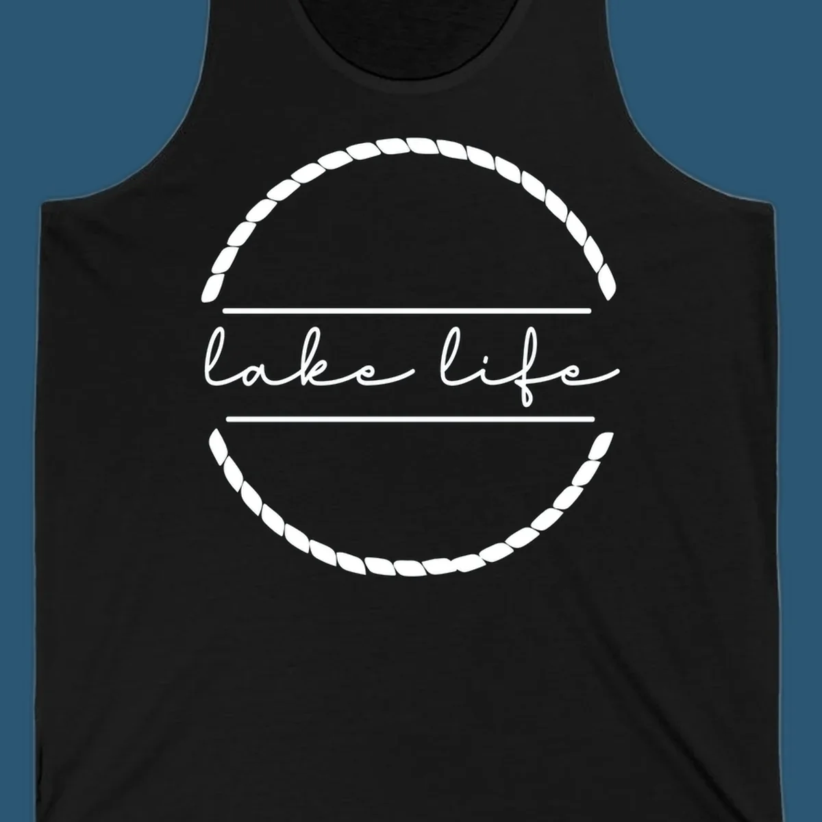 Lake life script text within a rope circle border. lake-life-script.