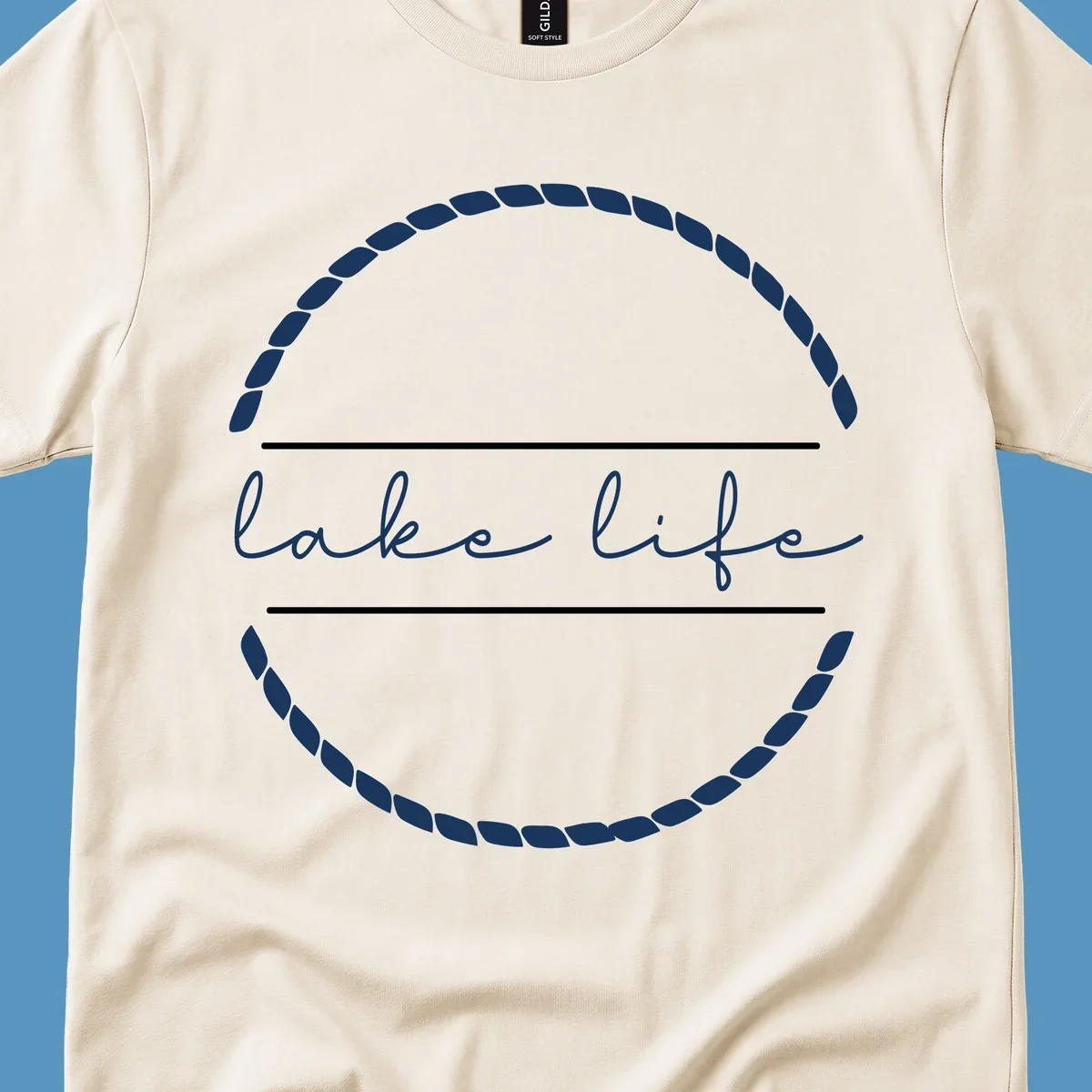 Lake life script text within a rope circle border. lake-life-script.