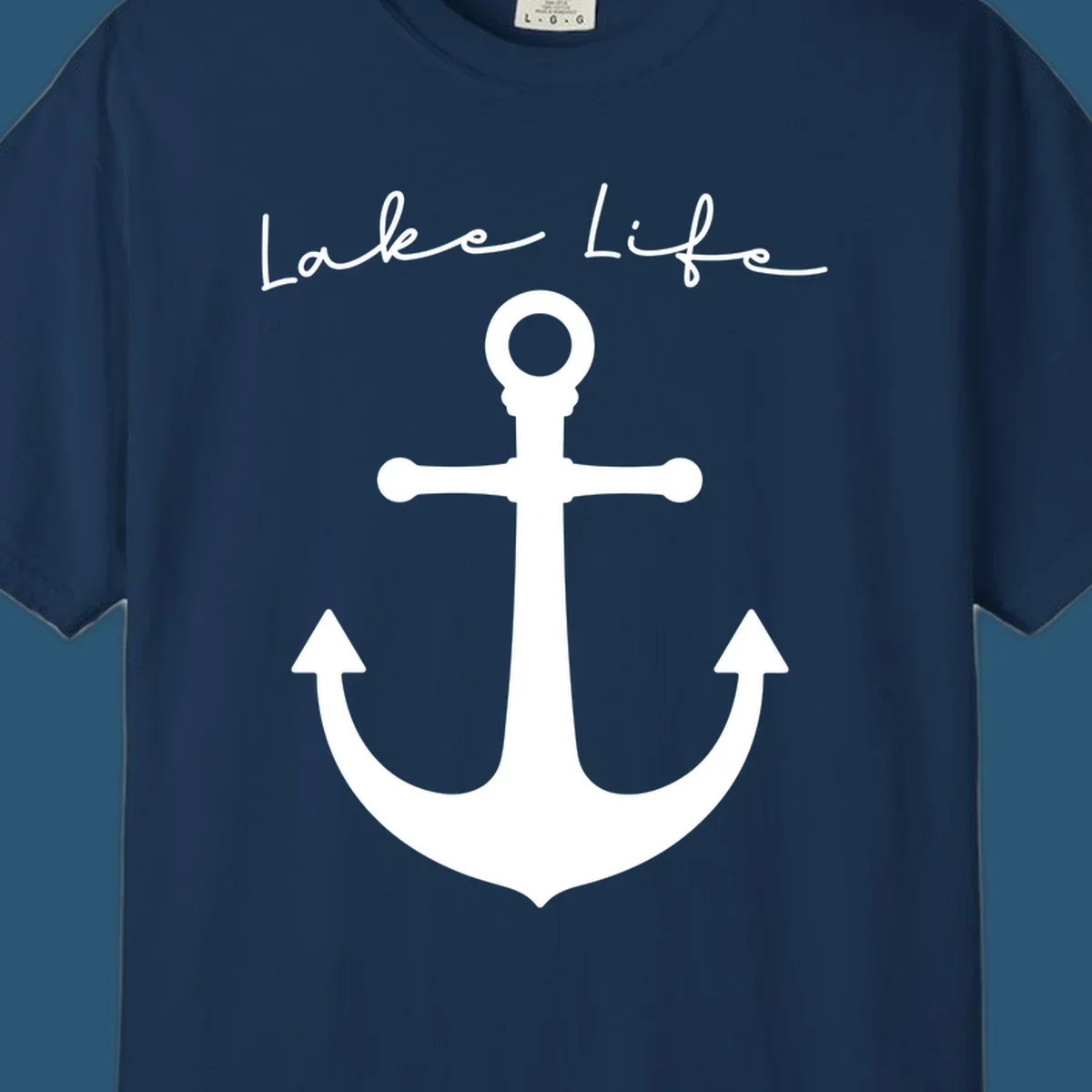 Lake life text with a white anchor graphic.